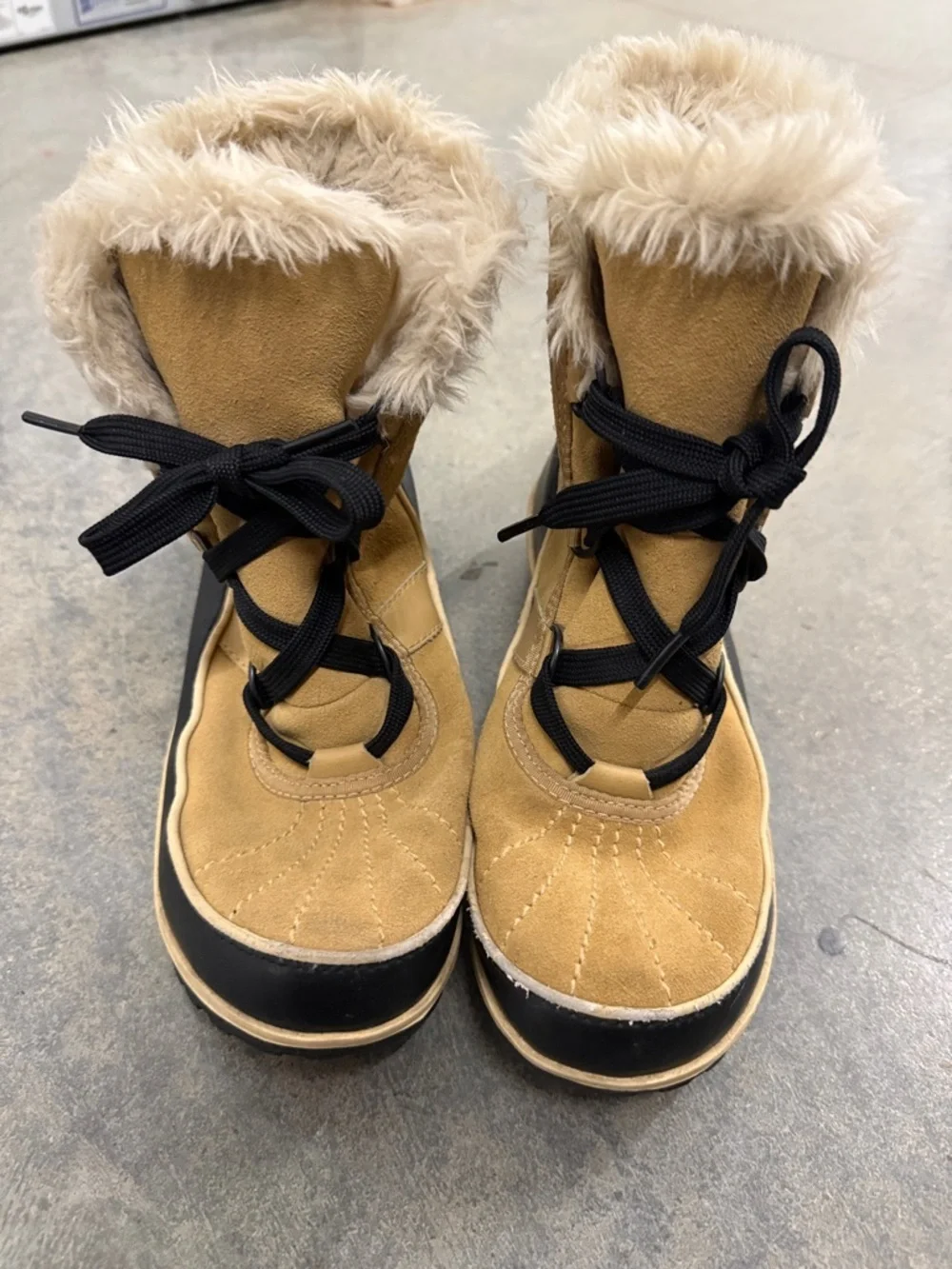 Sorel Tan and Black Faux Fur Winter Boots